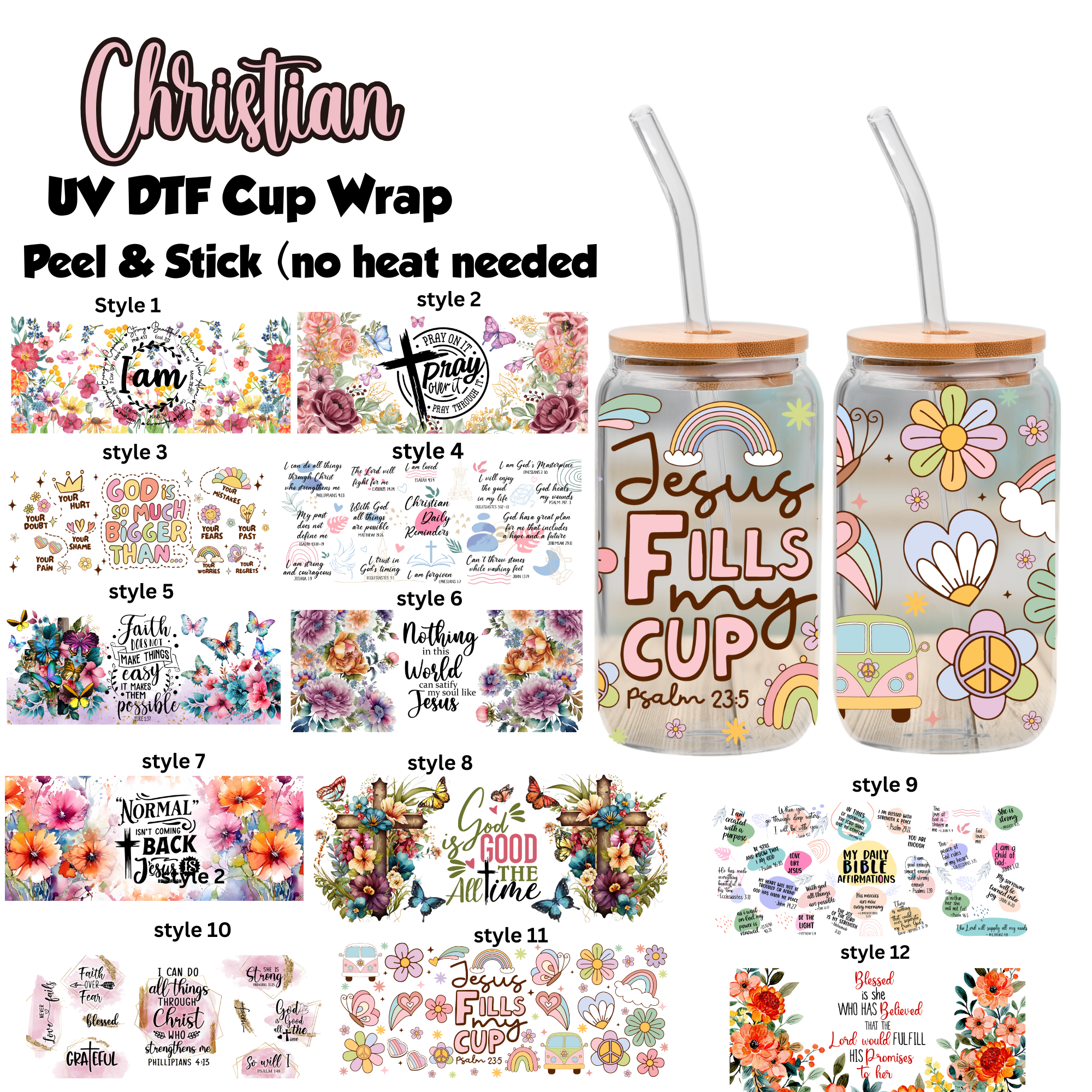 Christian-Themed UV DTF Transfers for 16oz Libbey Glass Cups, Peel-and-Stick Decals