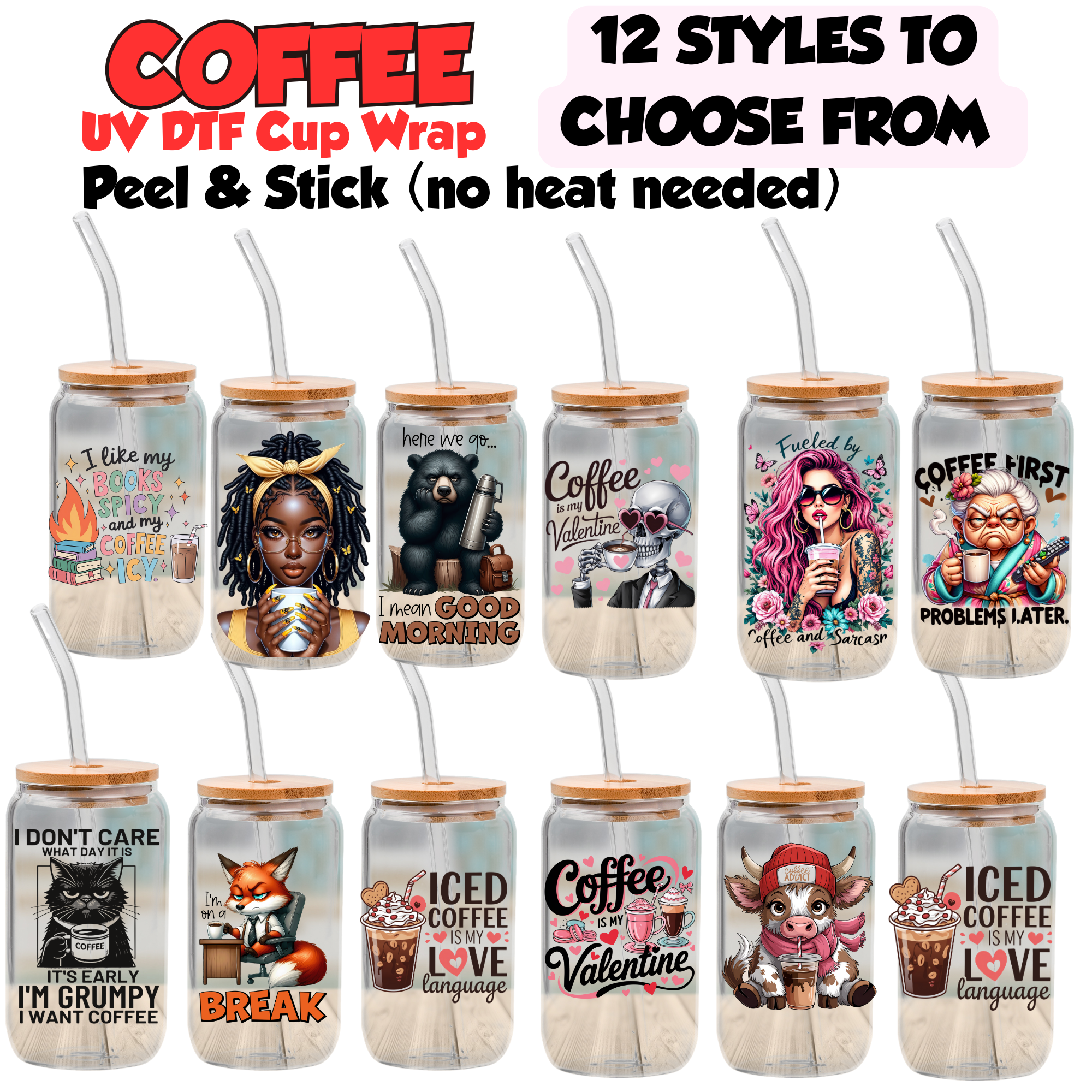 Coffee Decals for Libbey Cups, Coffee Cup Wrap, UV DTF Coffee Design, 16oz Cup Wrap Sticker, Libbey glass wrap, ready-to-Use uv DTF transfer