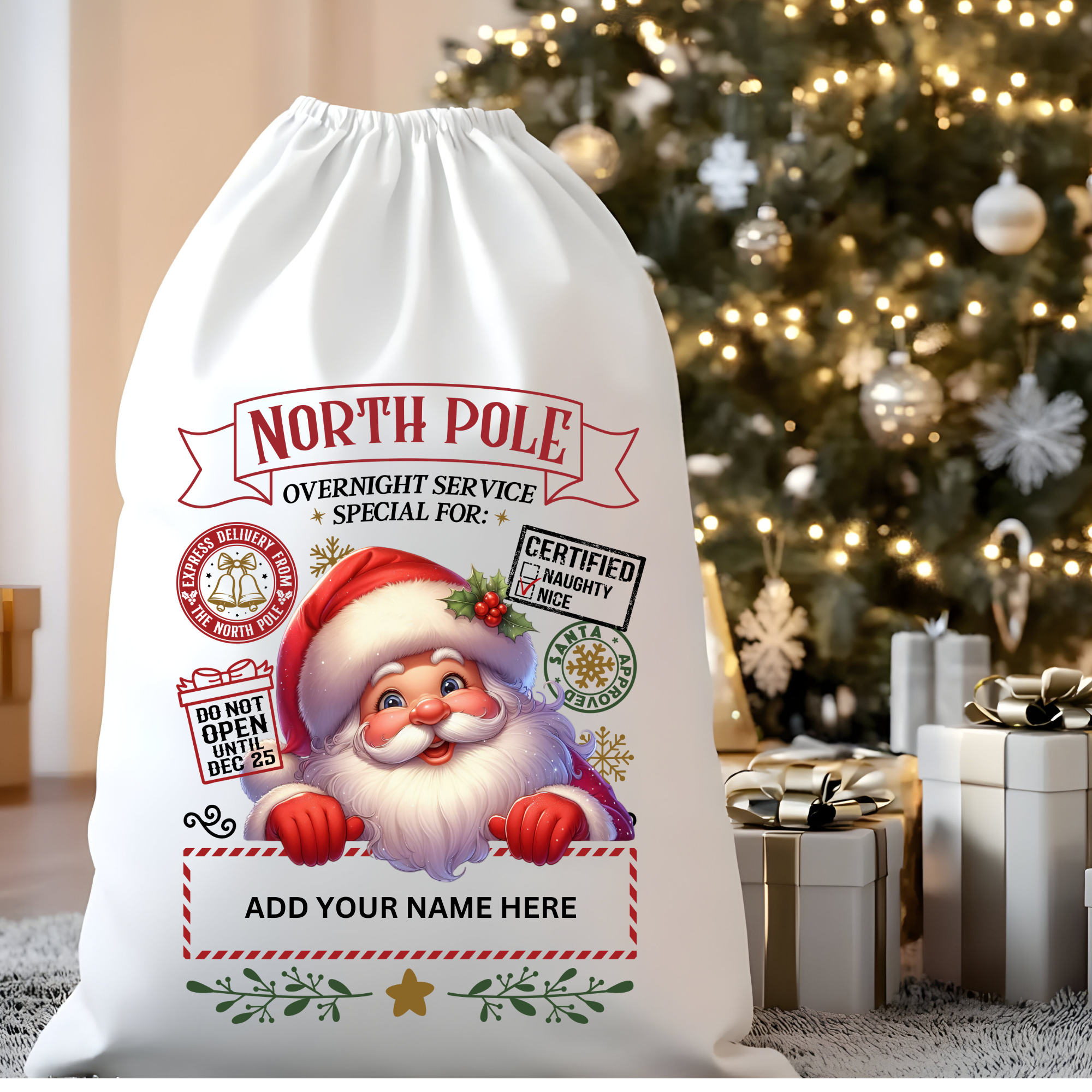 North Pole Santa Sack, Presents Bag, Christmas Gift Sack, Personalized Kids Sack