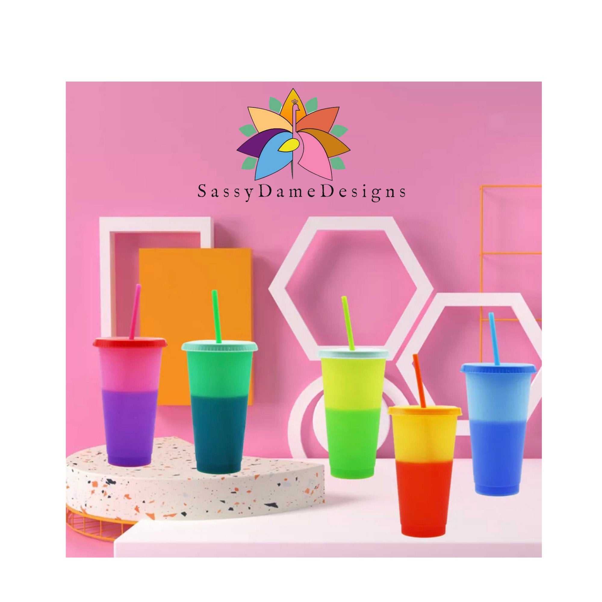 Color Changing Cups(5set)/Color changing cups/ Vinyl Cups/Blank Cups/Summer Cups/Large Cups/Reusable Plastic Cups/Beach Cup/Bulk/Kid Cup - SassyDame Designs,LLC